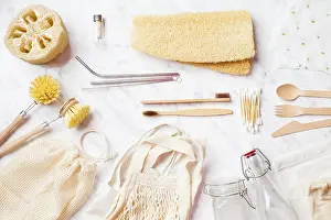 Waste Separation Ideas Drucke: Basic zero waste set for living on light marble background