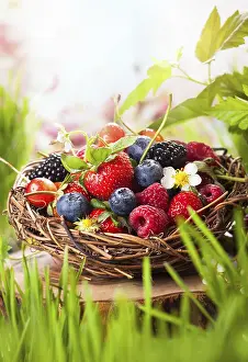 Assorted Fruits And Vegetables Drucke: A basket of mixed summer berries