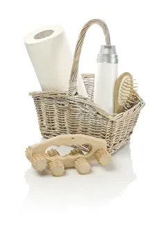 Personal Hygiene Items Drucke: Basket with objects and masseur
