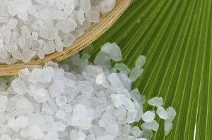 Deserted Bathroom Scene Drucke: Bath salt and palm leaf