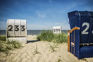 Deserted Beach In Germany Drucke: Beach chairs on the sandy beach