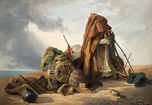 Woodcut Style Illustration Drucke: Beach, flotsam and jetsam, baskets and other everyday objects