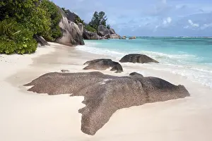 Rural Waterfront Scenes Drucke: Beach and granite rocks at Anse Source d'Argent
