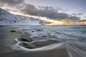 Evening Sun In Scandinavia Drucke: Beach with waves at sunset, Unstad Beach