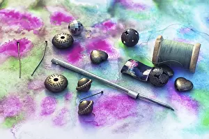 Handicraft Accessories Drucke: Beads and tools for needlework on bright background
