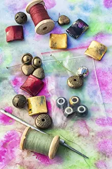 Elegant Female Fashion Drucke: Beads and tools for needlework on bright background