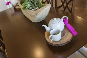 Modern Farmhouse Kitchen Drucke: Beautiful abstract of inviting table setting with tea and kettle