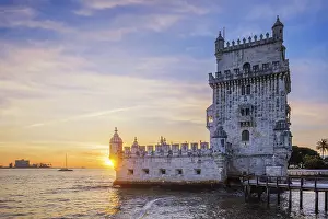 Tagus River Tejo Sunset Drucke: Belem Tower or Tower of St Vincent