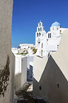 Greek Island Vacation Destination Drucke: Belltower and Whitewashed architecture in Pyrgos