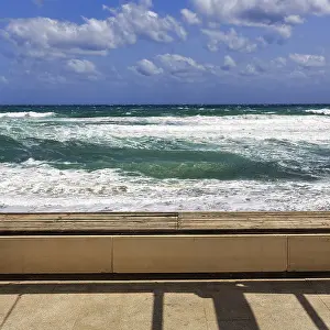 Natural Preserve Spain Europe Drucke: Empty bench with view of the surf