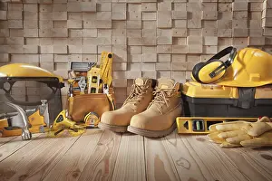 Construction Industry Images Drucke: Big Set Of Various Working Tools On Background Stack Of Wooden Beams