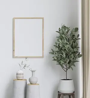 Drucke von Großer weißer Wohnraum, Betonpodest für Vase, Baum, Rahmen für Mock-up und Kopierspazio Minimalistische Kunstwerke Drucke: Großer weißer Wohnraum, Betonpodest für Vase.