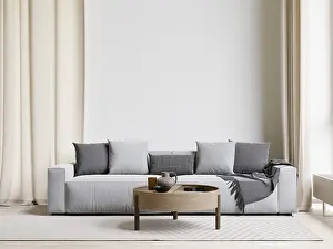 Drucke von Großer weißer Wohnraum. Innendesign, grauer Sofa-Bereich an der Wand für Mock-up und Copy-Space Minimalistische Kunstwerke Drucke: Großer weißer Wohnraum. Innenausstattung.