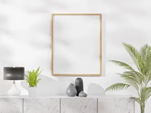 Drucke von Großer weißer Wohnraum. Innenausstattung, weißer Marmorkredenz, Vase- Dekoration, Rahmen für Mock-up und Kopierspielraum Minimalistische Kunstwerke Drucke: Großer weißer Wohnzimmer. Innenarchitektur.