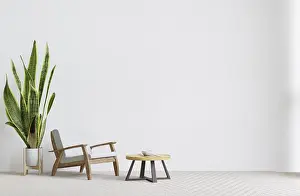 Drucke von Großes weißes Wohnzimmer. Innenausstattung, großer Sessel, Holztisch, Teppichwand für Mock-up und Kopierspielraum Minimalistische Kunstwerke Drucke: Großes weißes Wohnzimmer. Innenarchitektur.