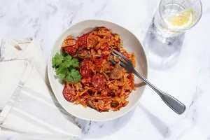 Homemade Bigos Recipe Drucke: Bigos, Polish dish bigos, on a marble table