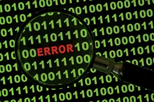 Binary Code Error Drucke: Binary code with the word 'Error' viewed through a magnifying glass Binary code with the word