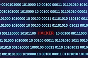 Data Transmission Online Drucke: Binary code with the word hacker, Austria