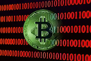 Cryptocurrency Symbol Drucke: Bitcoin with binary code