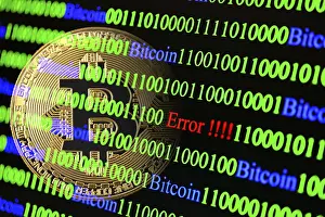 Data Transmission Network Drucke: Bitcoin, binary code with lettering Error