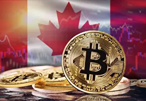 Blockchain Technology Drucke: Bitcoin with Canada flag in the background