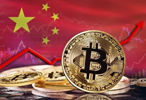 Blockchain Technology Payment Transaction Drucke: Bitcoin with China flag in the background