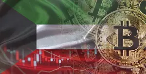 Drucke von Bitcoin-Kryptowährung mit kuwaitischer Flagge, Investoren in Blockchain-Technologie. Kuwaitsche Flagge mit Bitcoins im Hintergrund Kuwait Drucke: Bitcoin-Kryptowährung mit dem Flagge von Kuwait.