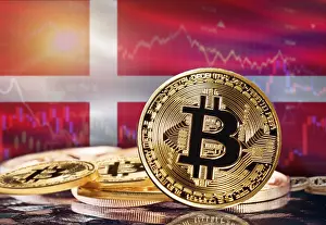 Digital Currency Payment Transaction Drucke: Bitcoin with Denmark flag in the background