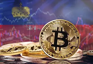 Drucke von Liechtenstein, ein Zentrum für Kryptowährungen und Blockchain-Technologie. Bitcoin steht im Fokus der Investoren in diesem europäischen Kleinstaat Liechtenstein Drucke: Bitcoin vor dem Liechtensteiner Wappen