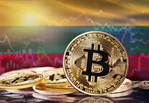 Digital Currency Symbolism Drucke: Bitcoin with Lithuania flag in the background