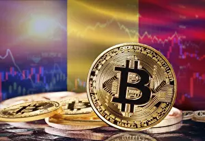Cryptocurrency Symbol Drucke: Bitcoin with Romania flag in the background