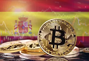 Digital Currency Symbolism Drucke: Bitcoin with Spain flag in the background