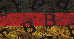 Blockchain Technology Europe Drucke: Bitcoins on Germany flag background