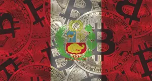 Crypto Currency Symbol Drucke: Bitcoins on Peru flag background