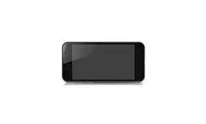 Black Smartphone Drucke: A black sleek smartphone with a touchscreen and a slight reflection on a white background