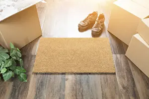 Cardboard Boxes Drucke: Blank welcome mat, moving boxes