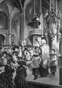 Christian Holiday Traditions Drucke: Blessing of the children at Easter in 1886 in Alsace
