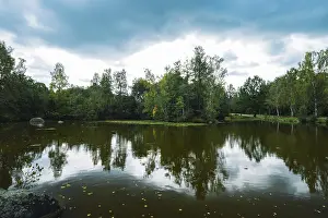Mirror Like Reflections In Water Drucke: Blockheide lake with reflection