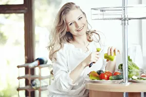 Healthy Lunch Options Drucke: Blond lady at kitchen preparing vegetable for breakfast