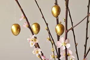 Colorful Spring Flowers Drucke: Blooming branches of a peach tree in a vase decorated with Easter eggs