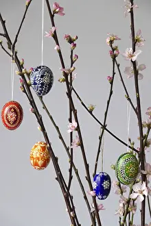 Decorative Easter Eggs Drucke: Blooming branches of a peach tree in a vase decorated with Easter eggs