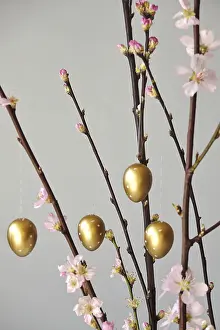 Colorful Spring Flowers Drucke: Blooming branches of a peach tree in a vase decorated with Easter eggs