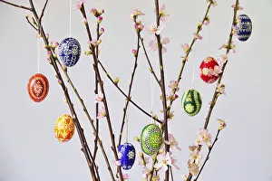 Peach Tree In Vase Drucke: Blooming branches of a peach tree in a vase decorated with Easter eggs