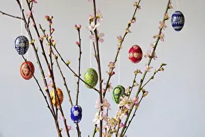 Peach Tree In Vase Drucke: Blooming branches of a peach tree in a vase decorated with Easter eggs
