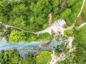 Uninhabited Balkan Peninsula View Drucke: Top Down over The Blue Eye from a drone