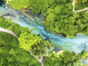 High Angle Drone Shot Drucke: Top Down over The Blue Eye from a drone
