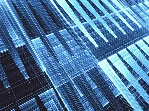 Empty Futuristic Landscape Drucke: Blue glowing diagonal grid - abstract computer-generated illustration