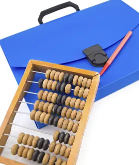 Office Supply Storage Drucke: A blue plastic folder bag with a pen and an abacus