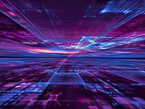 Blue Technology Background Drucke: Blue and purple technology background with perspective and glowing grid - abstract computer generated 3d illustration