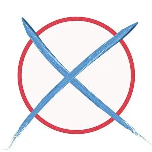 Deserted Parliament Illustration Drucke: Blue/red voting cross